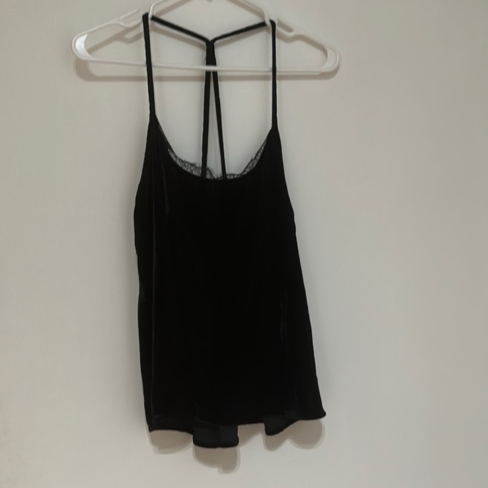 Black velour style top with lace trim